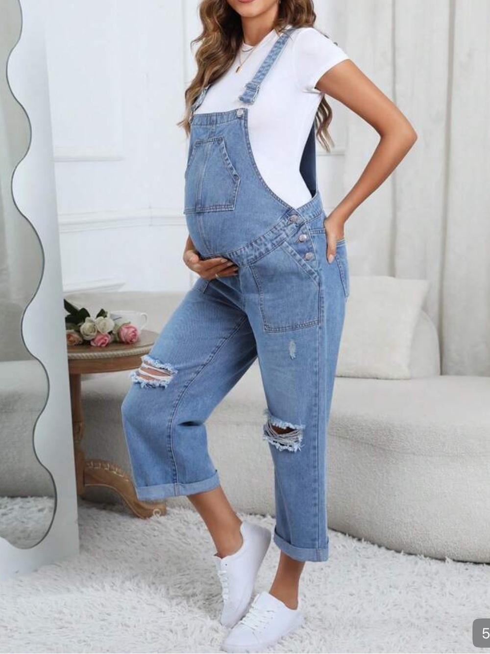 SHEIN Light Blue Distressed Maternity Denim Overalls